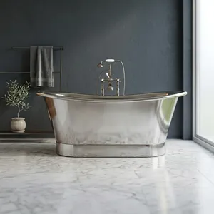 Bañera de Acero Inoxidable con Base Recta, Acabado Completamente en Acero, Bañera Independiente Moderna y Lujosa para Baño - Product Image 5