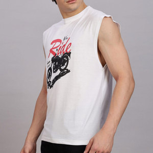 เสื้อยืดคอกลมแขนกุดผู้ชาย ผ้าเจอร์ซีย์คอตตอน 100% ทรงปกติ สีขาวล้วน สไตล์ลำลอง - Product Image 2