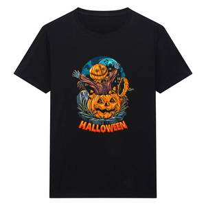 Camiseta de Manga Corta con Cuello Redondo y Estampado de Calavera de Calabaza de Halloween, Hecha a Medida en Fábrica, de Algodón, Corte Regular, Informal y Urbana - Product Image 3
