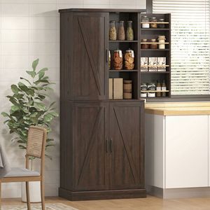 Modern 72\" Tall <b>Kitchen</b> <b>Pantry</b> Cabinet Farmhouse Style Oak Storage with 8 Door Racks and Adjustable Shelves Distressed Brown - Product Image 2