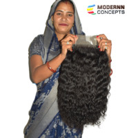 Wig Rambut Manusia Keriting Panjang Fusion Tangle-Free Raw Remy India, Kutikula Tersusun Rapi, Jahitan Mesin Double Drawn, 100g
