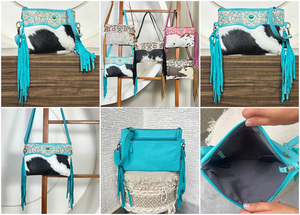 New Genuine Cowhide Western Leather Fringe Bag Hand Tooled Floral Design Turquoise Accent Shoulder Crossbody Handbags for Female - Product Image 3