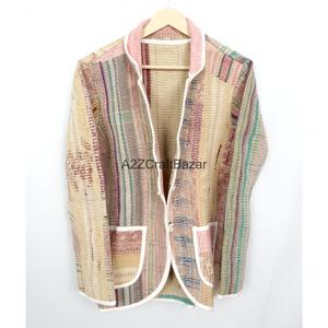 Unisex Handmade <b>Kantha</b> <b>Jacket</b> in Hot Pink Denim Style Cotton Quilted Full Sleeve Winter <b>Jacket</b> for Autumn & Spring Party Wear - Product Image 1