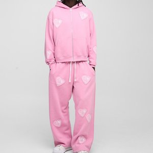 Men's <b>Pink</b> Heart Applique Hooded <b>Tracksuit</b> Set Full Sleeve Zipper Casual Joggers With Side Pockets Loose Fit Adult Spring Wear - Product Image 1