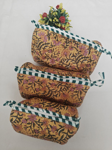 Sacs à maquillage en coton durable à rayures vertes et motifs floraux imprimés, pochettes indiennes, trousse de toilette de voyage, organiseur de cosmétiques - Product Image 3