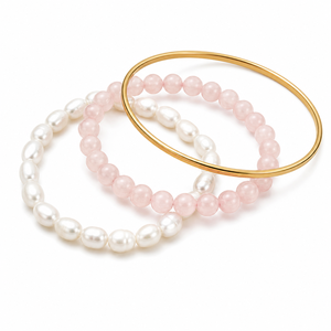 Freshwater Pearl <b>Bracelet</b> Trio for Women Rose Quartz 6mm Gold Tone Bangle with Mixed Texture <b>Stack</b> for Wedding or Gift - Product Image 1