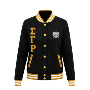 เสื้อแจ็คเก็ตบอมเบอร์ผ้าซาติน Sigma Gamma Rho สำหรับผู้หญิง สไตล์ลำลอง ซิปยาว แขนยาว แฟชั่นสมาคมนักศึกษากรีก แต่งขอบยางยืด ขายส่งเสื้อผ้า - Product Image 1