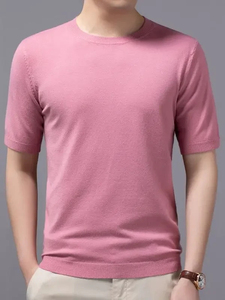 เสื้อยืดผู้ชายคอกลมถักนิตติ้งระบายอากาศได้ดีแขนสั้นเสื้อยืดสีทึบ - Product Image 5