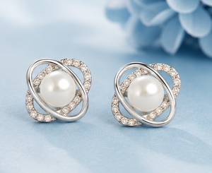 Pendientes de Perlas y Circonitas Cúbicas con Baño de Rodio Eternal Orbit, Plata de Ley 925, Joyería Fina y Elegante para Mujer - Product Image 1