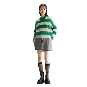 Pull en mohair rayé vert et blanc pour femme, col rond, manches longues, pull d'hiver décontracté, tricot épais - Product Image 5