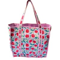 Sac fourre-tout en coton toutes saisons avec broderie motif floral, bordure rayée rose et verte, ouverture supérieure pour le shopping