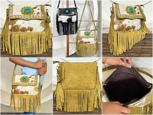 Nuevo Bolso Bandolera de Cuero Vacuno de Lujo con Flecos y Piedra Turquesa, Estilo Boho Occidental, para Uso Diario de Mujeres - Product Image 3