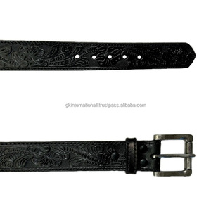 Best Quality Black Genuine Western Leather <b>Tooling</b> <b>Belt</b> with Hand Carved Floral Embossed and Roller Pin buckle Unisex <b>Belts</b> - Product Image 3