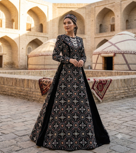 Tissu brodé noir en brocart avec motif géométrique mandala pour la décoration intérieure, abaya, lahenga, sherwani, kaftan - Product Image 5