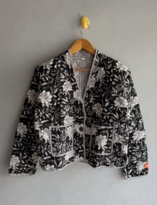 <b>Quilted</b> Floral Print Women's <b>Jacket</b> Three Quarter Sleeve V-Neck Autumn Style Black White <b>Patterned</b> Button Closure gift for her - Product Image 1