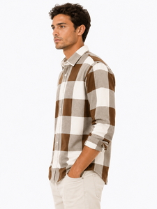 Brown Beige Checkered <b>Plaid</b> <b>Shirt</b> for Men with Long Sleeves Classic Spread Collar Button Front Closure Regular Fit Casual Wear - Product Image 2