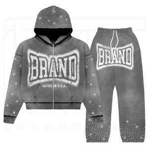 Ensemble survêtement homme gris délavé avec logo imprimé, sweat à capuche et pantalon de jogging zippé, style streetwear, coupe droite longueur pleine - Product Image 3