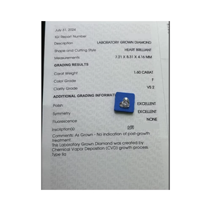 Diamants en vrac blancs cultivés en laboratoire CVD, certifiés IGI et GIA, 1,6 ct, clarté VVS, en forme de cœur, pour la joaillerie - Vente en gros - Product Image 1