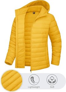 Blouson matelassé jaune à capuche pour femme, coupe ajustée, coupe-vent, fermeture éclair frontale, en polyester, longueur normale, couleur unie, pour l'automne - Product Image 5