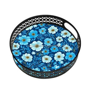 Nouvel arrivage Plateau de service élégant en métal avec imprimé floral et poignées découpées, parfait pour servir des collations, des boissons, du thé et du café - Product Image 5