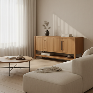 Buffet en bois tressé naturel à 4 portes avec étagère en rotin, meuble de rangement moderne en bois et tissu tressé, pieds ronds - Product Image 2