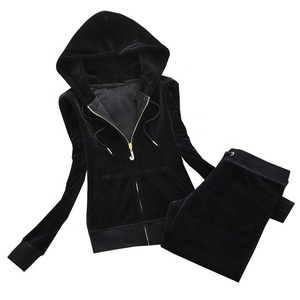 Active Gym Women's Velvet Slim Fit Blank Hooded Track Suit Full Front Zipper Hoodie Survetement Velour Plain Blank Sweat Suit - Product Image 2