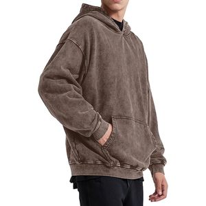 Brown Acid Wash Pullover Hoodie Men Streetwear Boxy Fit Drop Shoulder <b>Distressed</b> Soft Cotton Heavyweight Apparel <b>Top</b> - Product Image 4
