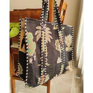 Sac fourre-tout en coton matelassé indien fait main |   Sac fourre-tout en tissu réutilisable écologique noir motif palmier - Product Image 2