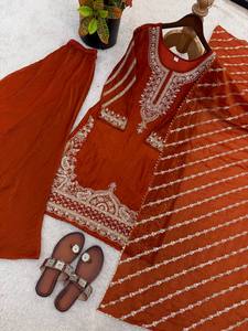 Conjunto de palazzo de seda naranja bordado para mujer, kurta, dupatta, con cuentas, estilo indio pakistaní, para fiestas y bodas. - Product Image 4