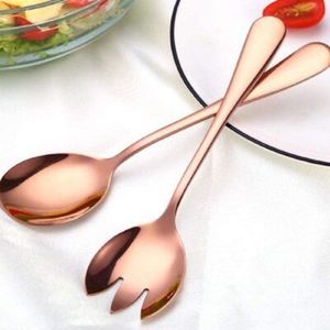 Ensemble de couverts écologiques en métal, cuillère et fourchette en acier inoxydable poli miroir, manche en forme de branche de rose dorée, pour servir les salades - Product Image 1