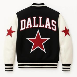 Chaqueta Varsity Personalizada Estilo Dallas, Lana Negra y Mangas de Cuero Blanco - Product Image 3