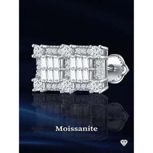 Luxurious 925 Sterling <b>Silver</b> Hip-Hop Bar Screw-<b>Back</b> <b>Earrings</b> Iced-Out Rectangular Baguette Moissanite Stud Screw-<b>Back</b> Design - Product Image 2