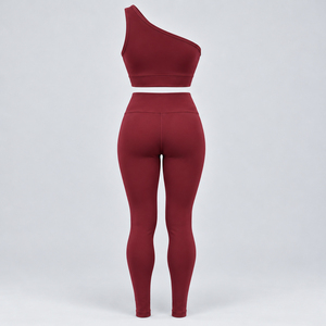 <b>Burgundy</b> One Shoulder Sports Bra Leggings Set Women Asymmetric <b>Crop</b> <b>Top</b> High Rise Yoga Fitness Outfit Trendy Gym Clothing OEM - Product Image 3