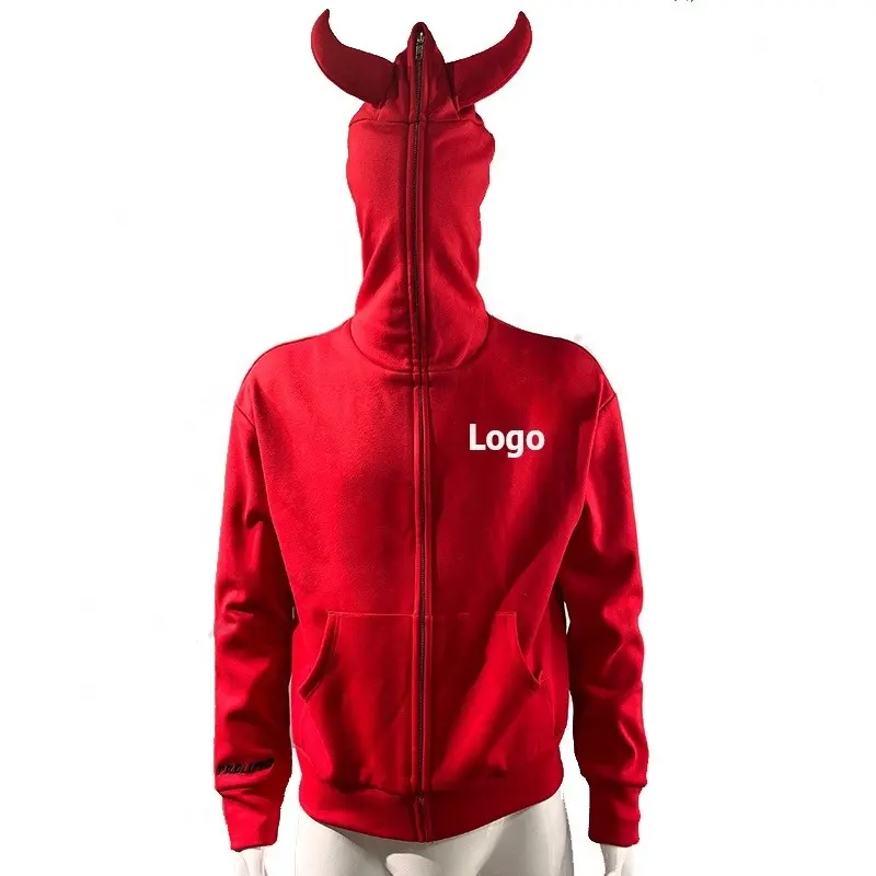 New Design Red Fleece Full Face Zip Custom Logo Devil Horn Hoodies Men's HD_0110