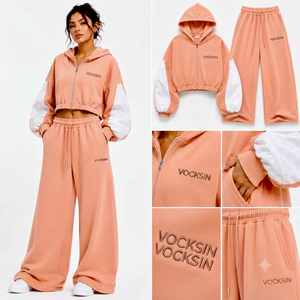 Conjunto Deportivo Vocksin para Mujer, Sudadera Corta Color Durazno, Pantalones de Pierna Ancha con Cierre y Paneles de Secado Rápido en Felpa de Algodón Premium - Product Image 3
