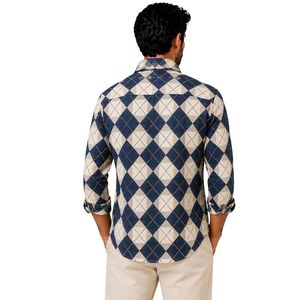 Chemise à manches longues pour homme en coton bleu marine et beige à motif losanges, décontractée, boutonnée, vente en gros personnalisée, vêtements de mode - Product Image 2