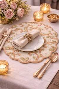 Set de table élégant en ivoire et or, brodé de fleurs perlées faites à la main, écologique et personnalisable, pour une décoration de table de luxe. - Product Image 2