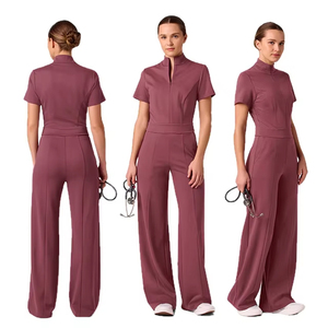 Women Medical Scrubs <b>Jumpsuit</b> <b>Short</b> Sleeve Black Polyester Woven Hospital Uniform Stretch Twill Workwear - Product Image 5