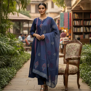 Conjunto de Kurti Azul Marino de Algodón Puro con Estampado a Mano, Dupatta de Algodón Mul y Adornos de Espejo - Product Image 1