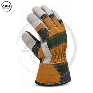 Gants de travail jaune moutarde, vert olive et gris avec paume incurvée, coutures matelassées et manchette longue - Product Image 2