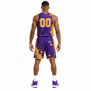 Conjunto de Baloncesto Geométrico Morado y Amarillo para Hombre, Personalizado, sin Mangas, Cuello en V, Secado Rápido, Poliéster, Uniforme Deportivo, Ajuste Atlético para Todas las Temporadas - Product Image 2
