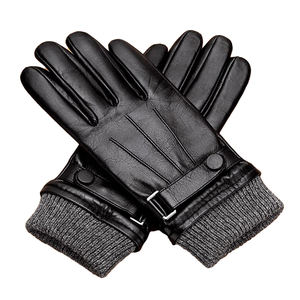 Classic Black Leather Winter Gloves for Men Touchscreen Capable Wool Knit Wrist Cuff and Snap Button Driving & Riding Gloves - Product Image 1