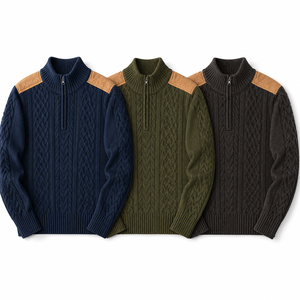 <b>Men</b>’s Heritage Cable Knit <b>Turtleneck</b> Zip Sweater with Faux Suede Shoulder Panels Winter Pullover | OEM ODM Manufacturer - Product Image 6