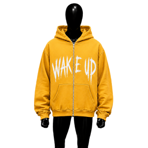 Sweat-shirt à capuche zippé oversize doré avec imprimé graphique Wake Up, streetwear décontracté pour homme, fermeture éclair intégrale, mode urbaine - Product Image 1