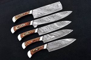 Juego de 5 Cuchillos de Cocina Hechos a Mano de Acero de Damasco con Hoja Recta y Punta Caída, Mangos de Micarta, Personalizables OEM/ODM/OBM - Product Image 4