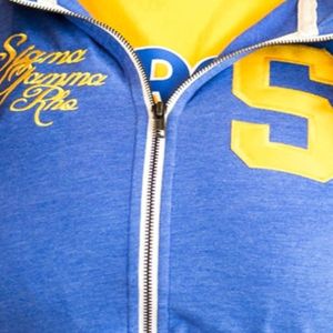 Sweat-shirt à capuche zippé bleu pour femme avec lettres grecques, motif graphique, lettres dorées, manches longues, veste décontractée tendance pour sororité - Product Image 5