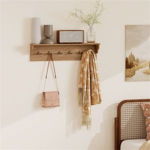 Wall Mount Coat Rack with 6 <b>Hooks</b> and 110LBS Capacity 31.5"x5.5"x8" <b>Shelf</b> Natural Color - Product Image 6