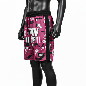 Shorts de sport pour homme en mesh de haute qualité, tissu polyester mesh, imprimé abstrait bordeaux et blanc, logo personnalisé, shorts de sport pour homme. - Product Image 3