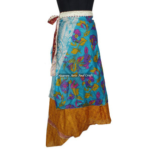 Faldas de Playa Vintage de Seda Sari Mágico de 38 Pulgadas de Largo, Envoltura de 2 Capas Reversible, Faldas Largas de Seda Sari Mágico Indias - Product Image 4