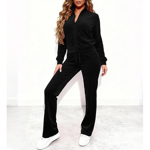 Sweatsuit With Hooded Jacket And Relaxed <b>Pants</b> Warm Plush Fabric Two Kangaroo Pockets Velour Crop Top Tracksuit - Product Image 3